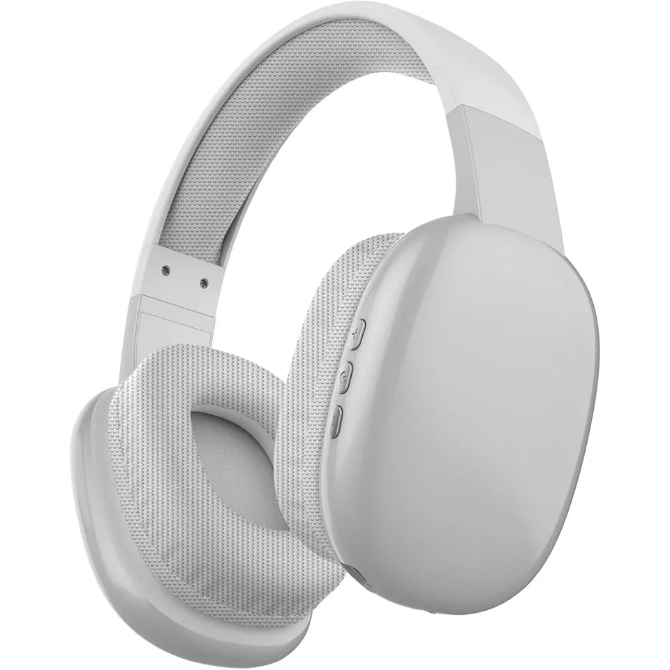 White over-ear wireless headphones with mesh ear cushions and control buttons, ideal for music and calls.
