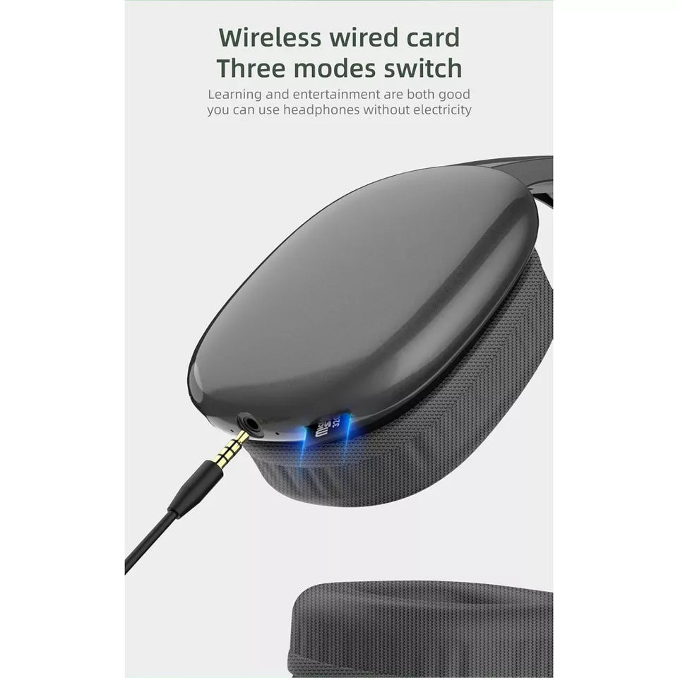 Wireless wired headphones with 3-mode switch, blue LED indicator, and 3.5mm jack for learning and entertainment