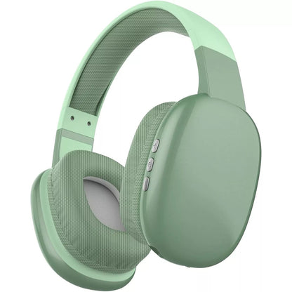 Mint green over-ear wireless headphones with textured ear cushions and volume controls