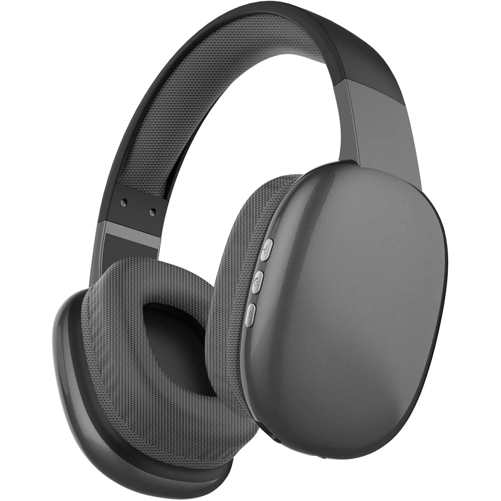 Black over-ear wireless headphones with textured ear cups and control buttons, ideal for music and calls.