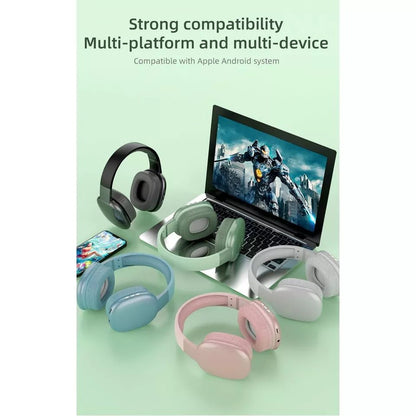 Wireless headphones in pastel colors with laptop and phone, multi-device compatible for Apple and Android