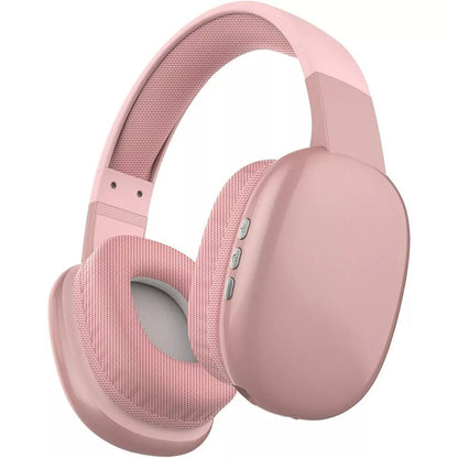 Pink over-ear wireless headphones with mesh ear cups and control buttons, ideal for music and gaming