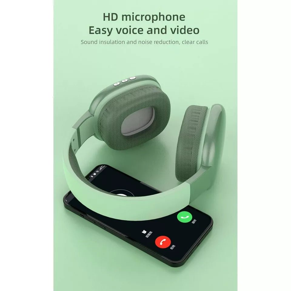 Green over-ear headphones with HD microphone for clear voice calls and noise reduction, shown with smartphone.