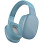 Light blue over-ear wireless headphones with mesh ear cups and control buttons, ideal for music and calls.