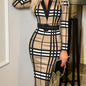 Bodycon Plaid V - neck Dress Without Belt, Elegant Long Sleeve Dress For Spring & Fall, Women's Clothing - 7DAY'S