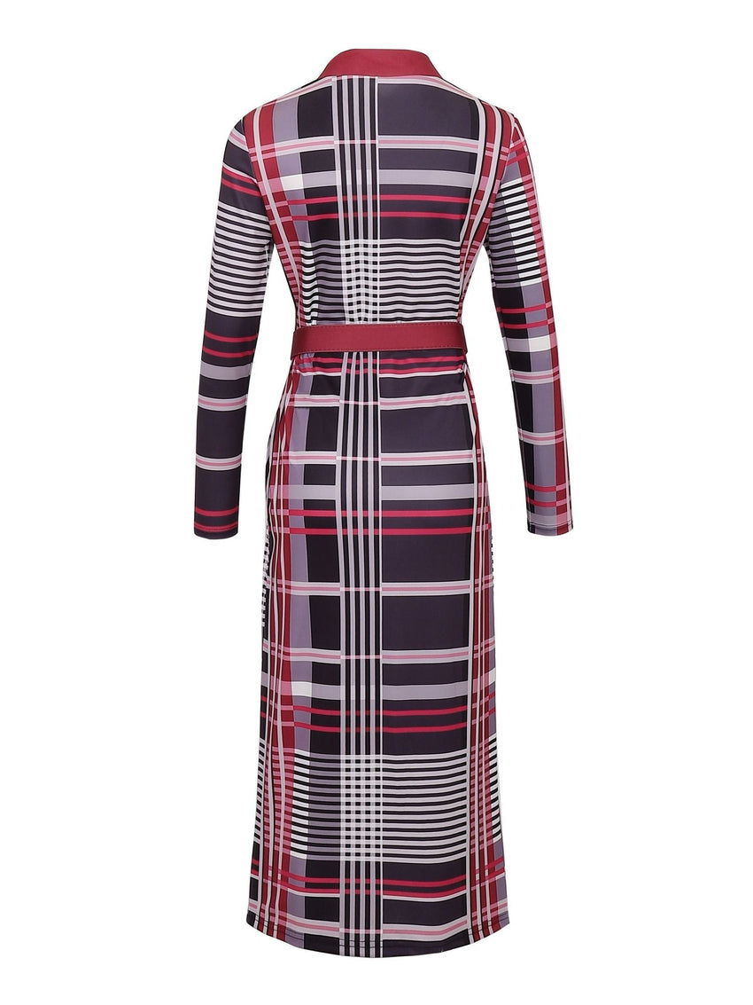 Bodycon Plaid V - neck Dress Without Belt, Elegant Long Sleeve Dress For Spring & Fall, Women's Clothing - 7DAY'S