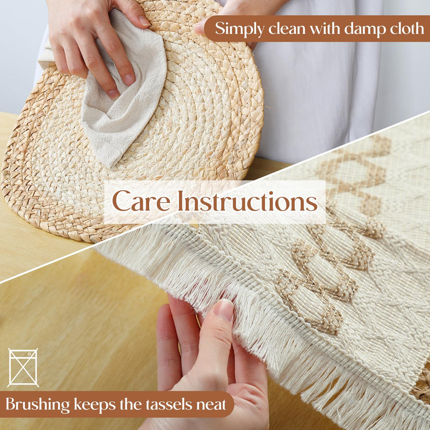 Boho Placemats Set of 6, Farmhouse Rustic Woven Placemats for Dining Table Decor, Handmade Braided Place Mats in Natural Cotton Jute and Water Straw for Kitchen Table - 7DAY'S