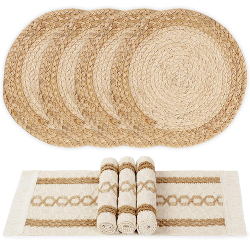 Boho Placemats Set of 6, Farmhouse Rustic Woven Placemats for Dining Table Decor, Handmade Braided Place Mats in Natural Cotton Jute and Water Straw for Kitchen Table - 7DAY'S