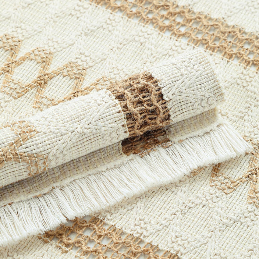 Boho Placemats Set of 6, Farmhouse Rustic Woven Placemats for Dining Table Decor, Handmade Braided Place Mats in Natural Cotton Jute and Water Straw for Kitchen Table - 7DAY'S