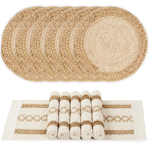 Boho Placemats Set of 6, Farmhouse Rustic Woven Placemats for Dining Table Decor, Handmade Braided Place Mats in Natural Cotton Jute and Water Straw for Kitchen Table