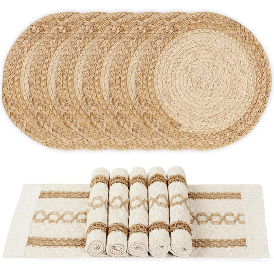 Boho Placemats Set of 6, Farmhouse Rustic Woven Placemats for Dining Table Decor, Handmade Braided Place Mats in Natural Cotton Jute and Water Straw for Kitchen Table - 7DAY'S