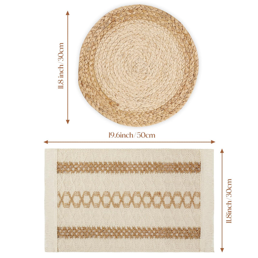 Boho Placemats Set of 6, Farmhouse Rustic Woven Placemats for Dining Table Decor, Handmade Braided Place Mats in Natural Cotton Jute and Water Straw for Kitchen Table - 7DAY'S