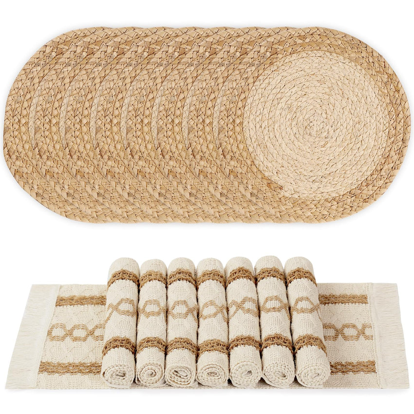 Boho Placemats Set of 6, Farmhouse Rustic Woven Placemats for Dining Table Decor, Handmade Braided Place Mats in Natural Cotton Jute and Water Straw for Kitchen Table - 7DAY'S