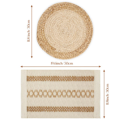Boho Placemats Set of 6, Farmhouse Rustic Woven Placemats for Dining Table Decor, Handmade Braided Place Mats in Natural Cotton Jute and Water Straw for Kitchen Table - 7DAY'S