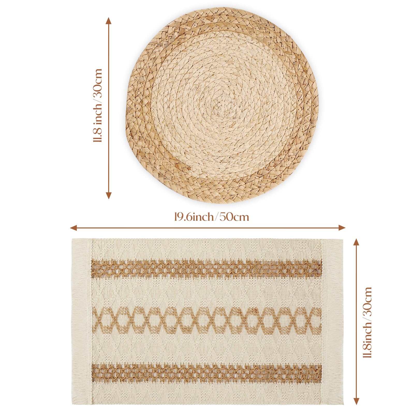 Boho Placemats Set of 6, Farmhouse Rustic Woven Placemats for Dining Table Decor, Handmade Braided Place Mats in Natural Cotton Jute and Water Straw for Kitchen Table - 7DAY'S