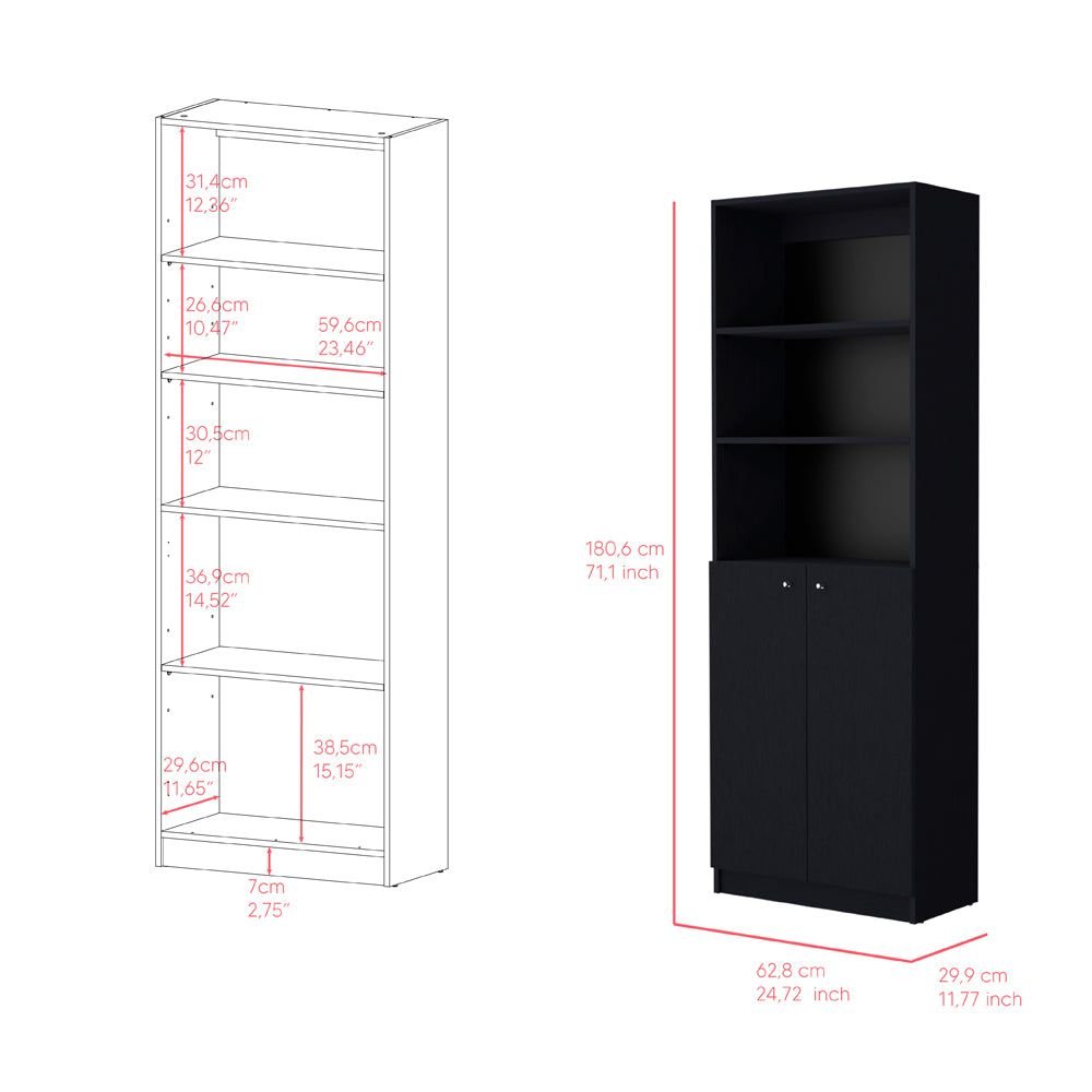 Bookcase Dual - Door Benzoni, Office, Black - 7DAY'S