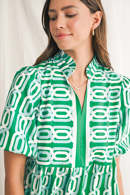 Bright Green Abstract Print Puff Sleeve Pop of Color Neckline Dress - 7DAY'S