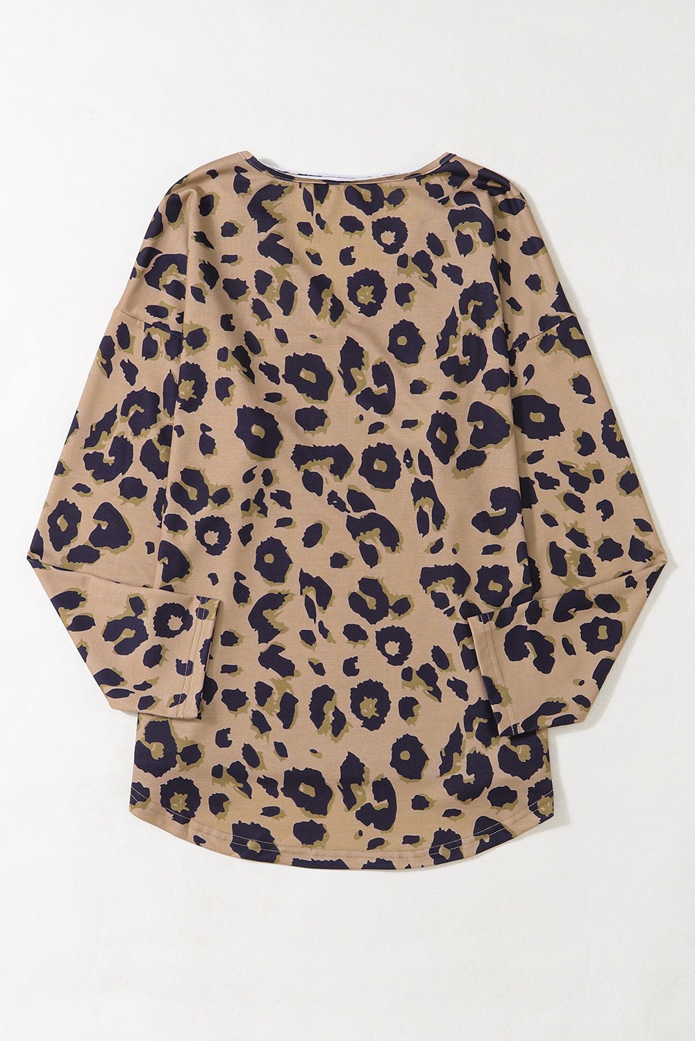 Brown Leopard Split V Neck Long Sleeve Shirt - 7DAY'S