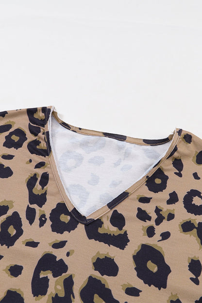 Brown Leopard Split V Neck Long Sleeve Shirt - 7DAY'S