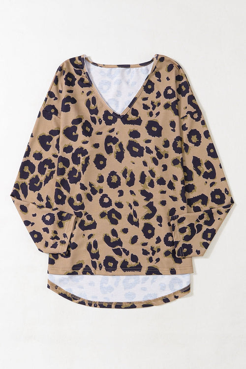 Brown Leopard Split V Neck Long Sleeve Shirt - 7DAY'S