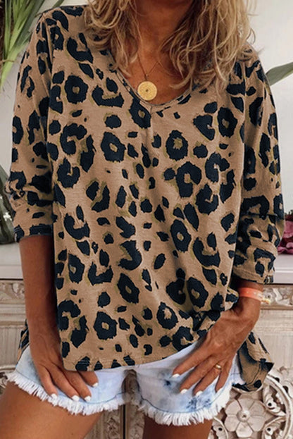 Brown Leopard Split V Neck Long Sleeve Shirt - 7DAY'S