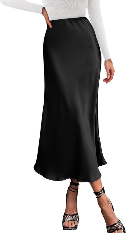 BTFBM 2025 Womens Summer Fall Long Satin Skirt Silk Elegant High Waist Cocktail Party Wedding Flowy A - Line Midi Skirts - 7DAY'S