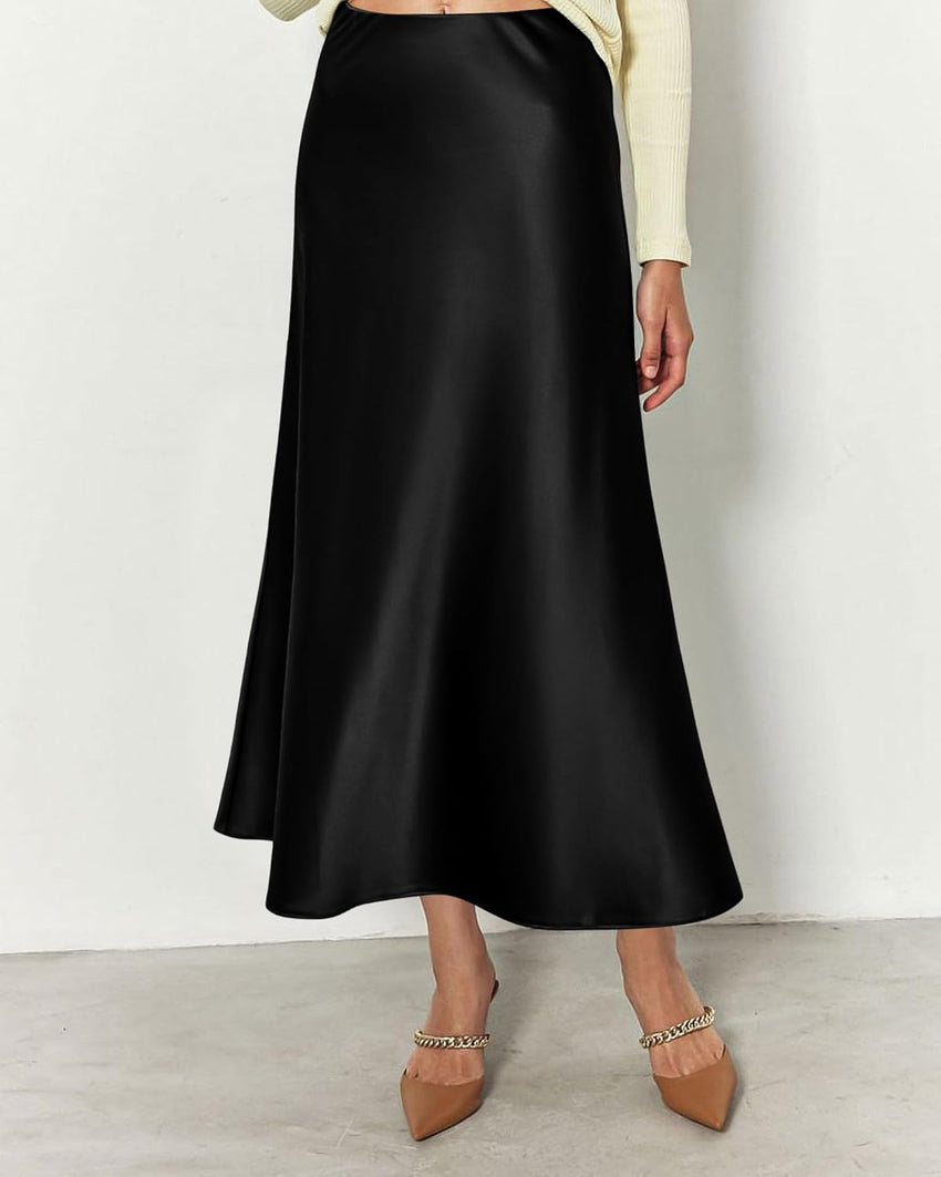 BTFBM 2025 Womens Summer Fall Long Satin Skirt Silk Elegant High Waist Cocktail Party Wedding Flowy A - Line Midi Skirts - 7DAY'S