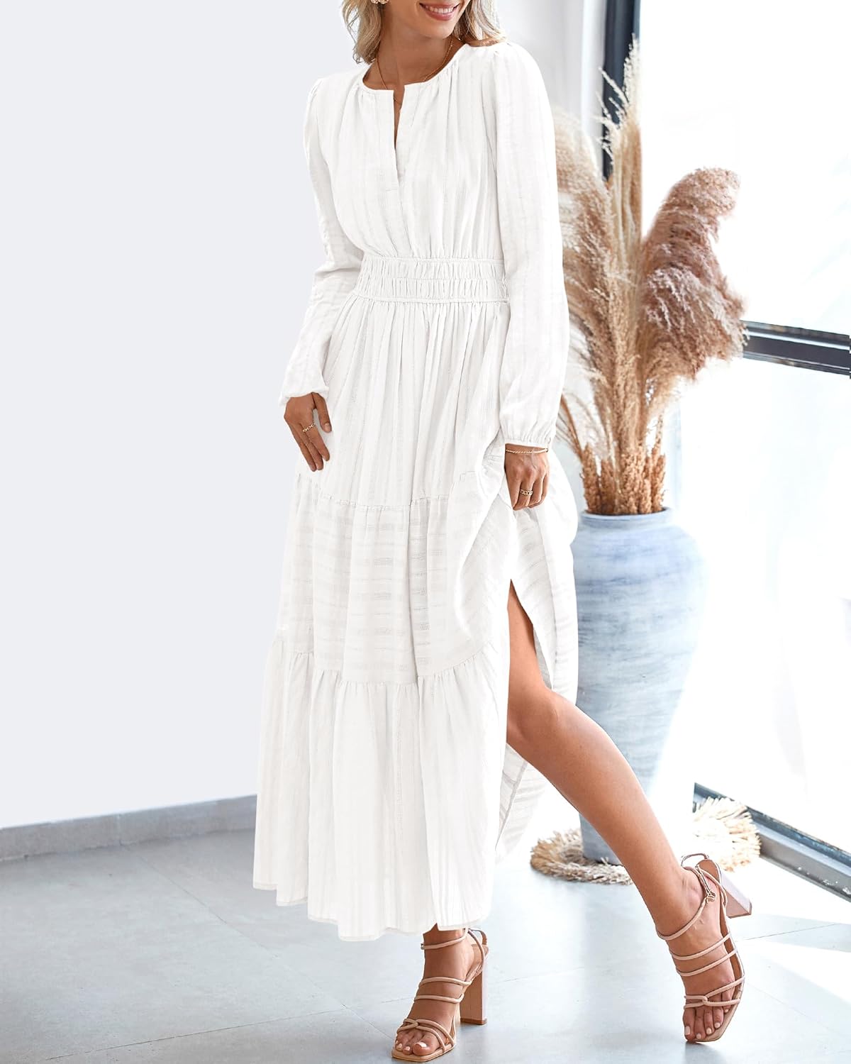 BTFBM Fall Dresses for Women 2025 Casual Long Sleeve V Neck Elastic Waist Lightweight Maxi Wedding Guest Dress Pockets - 7DAY'S
