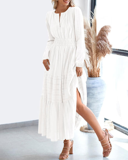 BTFBM Fall Dresses for Women 2025 Casual Long Sleeve V Neck Elastic Waist Lightweight Maxi Wedding Guest Dress Pockets - 7DAY'S