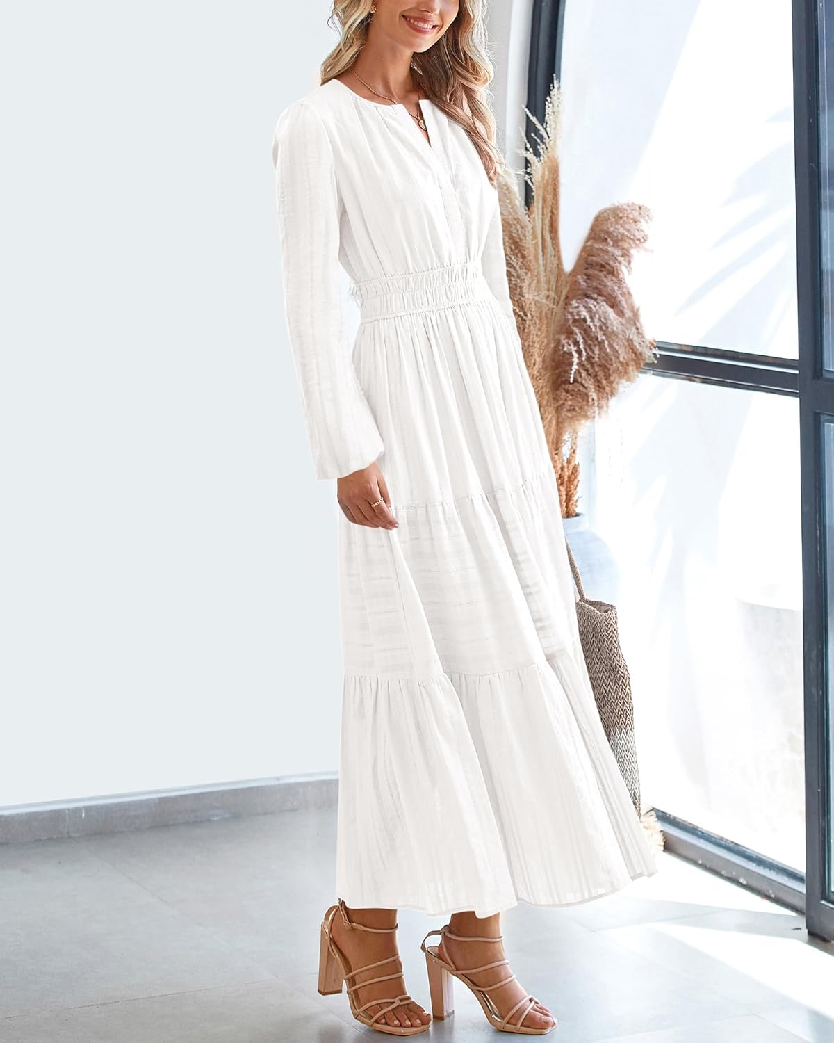 BTFBM Fall Dresses for Women 2025 Casual Long Sleeve V Neck Elastic Waist Lightweight Maxi Wedding Guest Dress Pockets - 7DAY'S