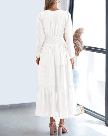 BTFBM Fall Dresses for Women 2025 Casual Long Sleeve V Neck Elastic Waist Lightweight Maxi Wedding Guest Dress Pockets - 7DAY'S