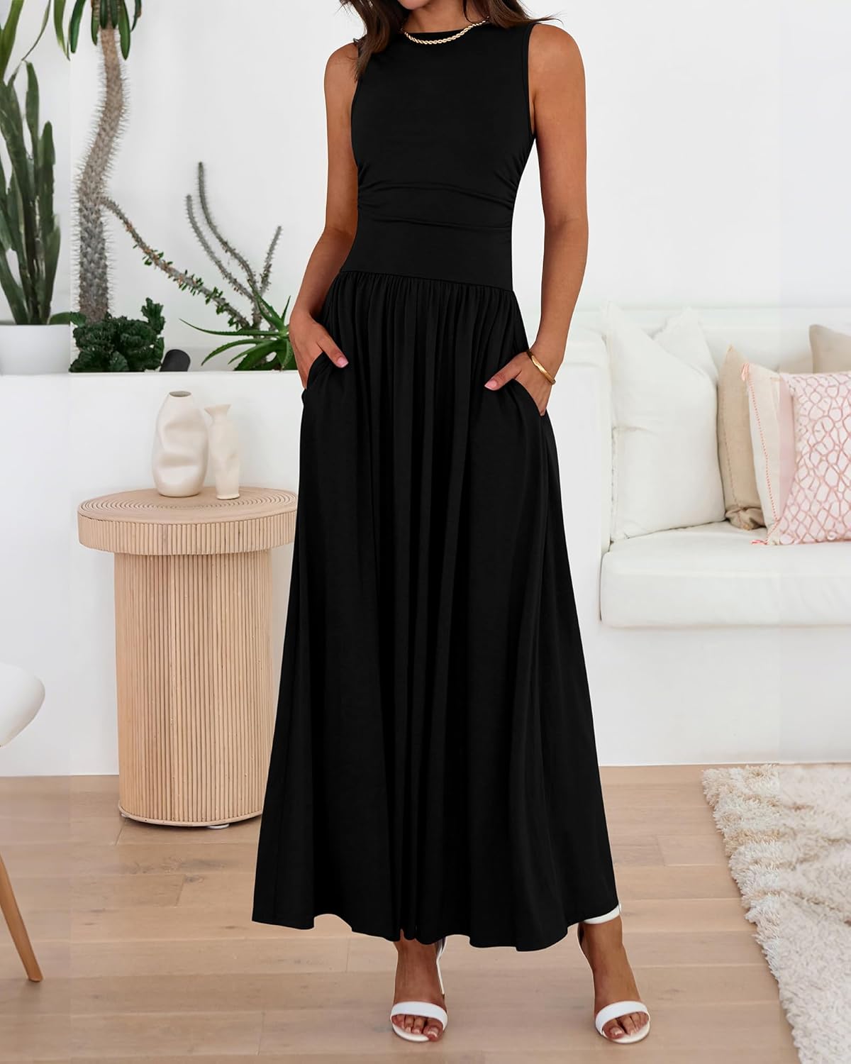BTFBM Summer Maxi Dresses for Women 2025 Sleeveless Casual Ruched High Waisted Tank Long Sundress Flowy Beach Fall Dress - 7DAY'S
