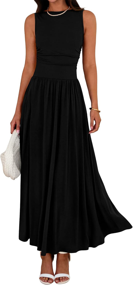 BTFBM Summer Maxi Dresses for Women 2025 Sleeveless Casual Ruched High Waisted Tank Long Sundress Flowy Beach Fall Dress - 7DAY'S