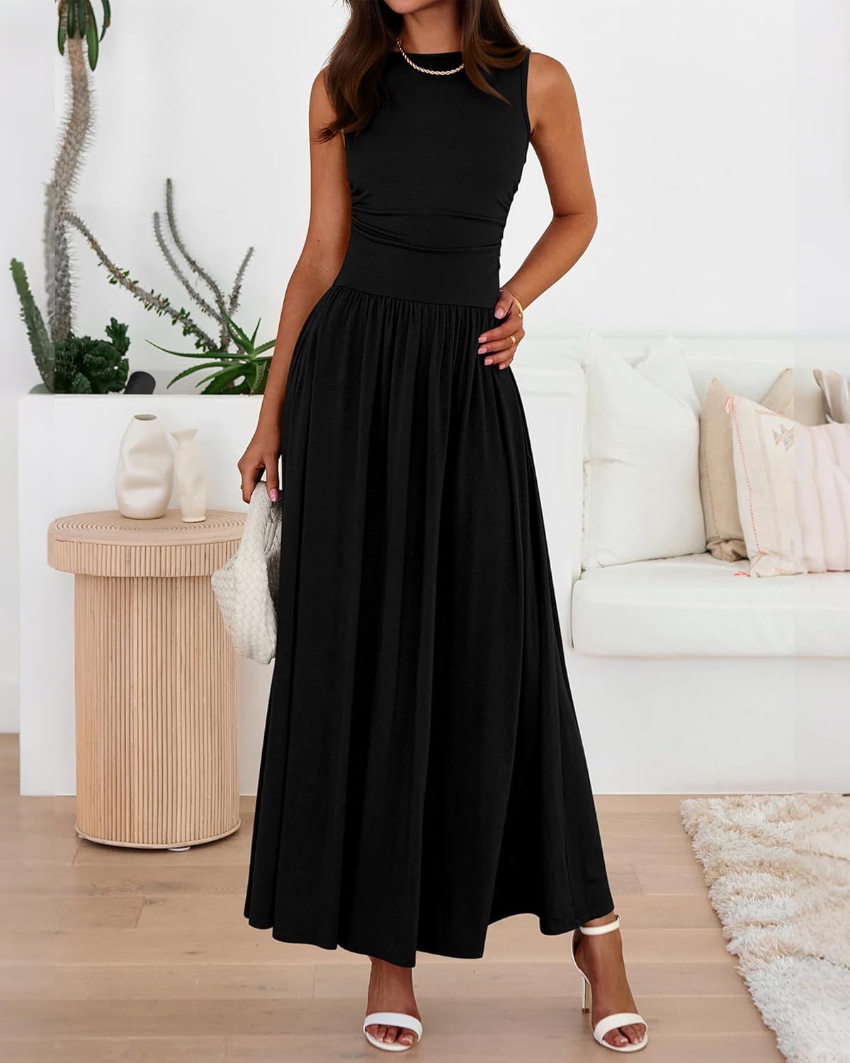 BTFBM Summer Maxi Dresses for Women 2025 Sleeveless Casual Ruched High Waisted Tank Long Sundress Flowy Beach Fall Dress - 7DAY'S