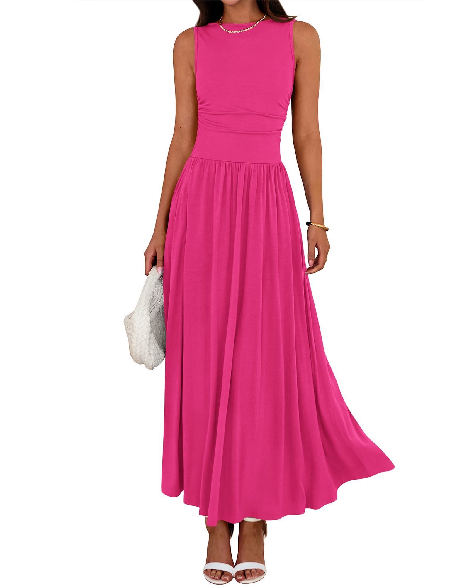 BTFBM Summer Maxi Dresses for Women 2025 Sleeveless Casual Ruched High Waisted Tank Long Sundress Flowy Beach Fall Dress - 7DAY'S