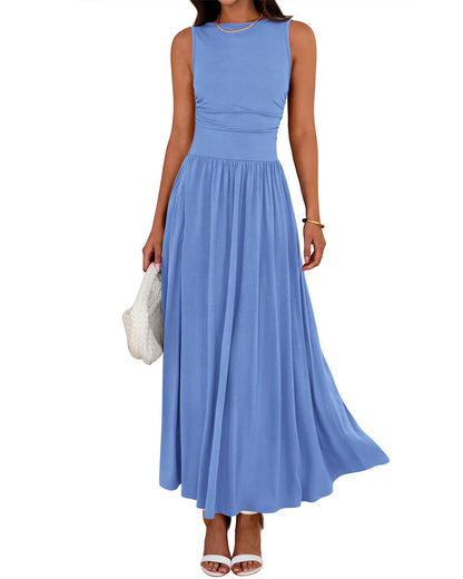 BTFBM Summer Maxi Dresses for Women 2025 Sleeveless Casual Ruched High Waisted Tank Long Sundress Flowy Beach Fall Dress - 7DAY'S