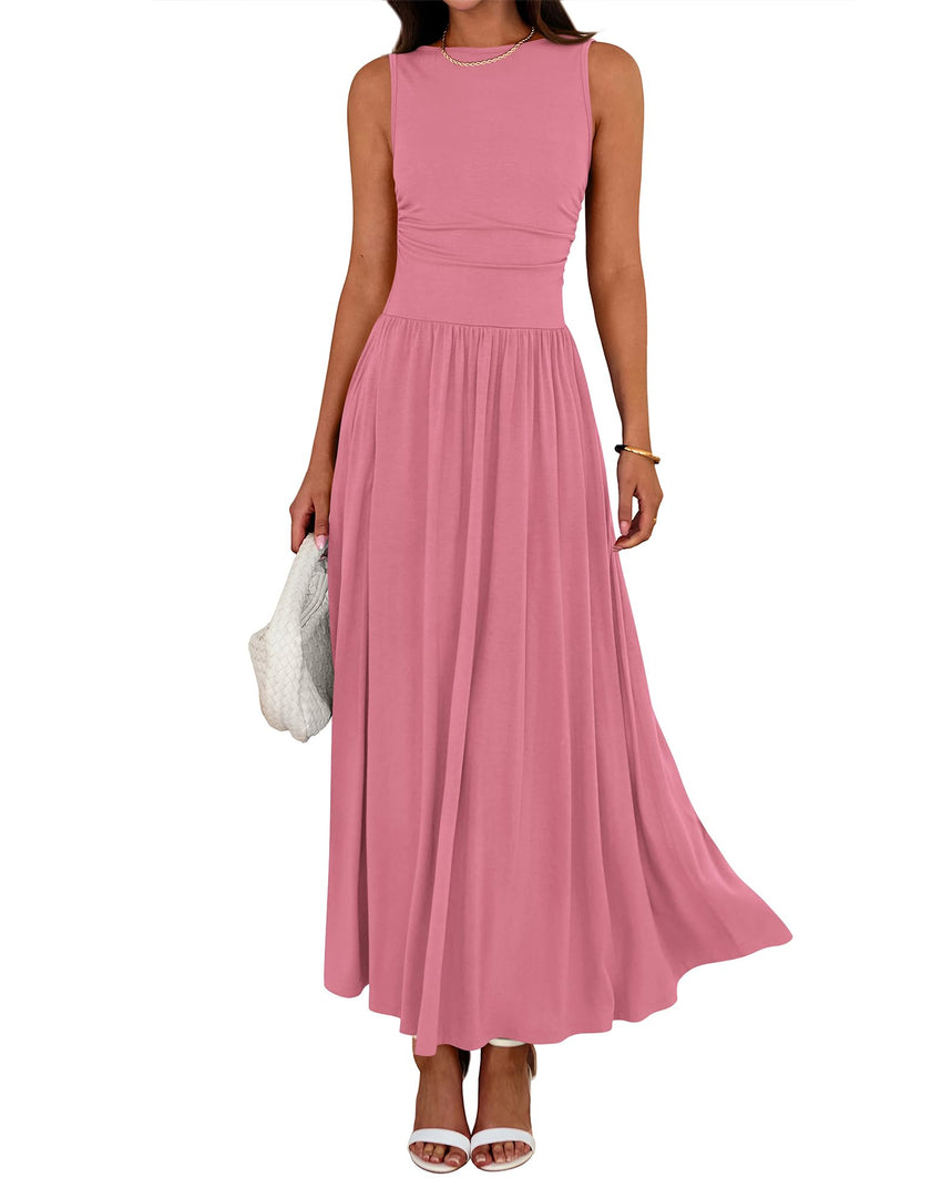 BTFBM Summer Maxi Dresses for Women 2025 Sleeveless Casual Ruched High Waisted Tank Long Sundress Flowy Beach Fall Dress - 7DAY'S