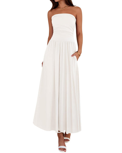 BTFBM Summer Maxi Dresses for Women 2025 Strapless Ruched Tube Top Flowy Beach Vacation Wedding Guest Fall Dress Pockets - 7DAY'S