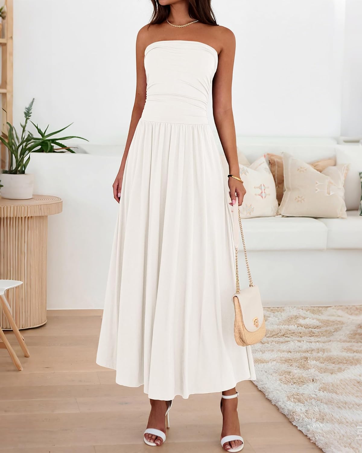 BTFBM Summer Maxi Dresses for Women 2025 Strapless Ruched Tube Top Flowy Beach Vacation Wedding Guest Fall Dress Pockets - 7DAY'S