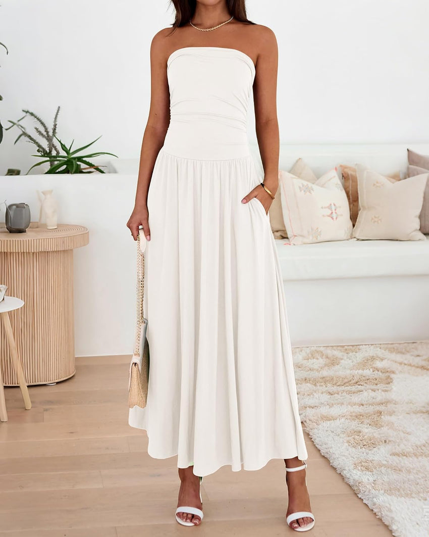 BTFBM Summer Maxi Dresses for Women 2025 Strapless Ruched Tube Top Flowy Beach Vacation Wedding Guest Fall Dress Pockets - 7DAY'S