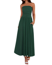 BTFBM Summer Maxi Dresses for Women 2025 Strapless Ruched Tube Top Flowy Beach Vacation Wedding Guest Fall Dress Pockets - 7DAY'S