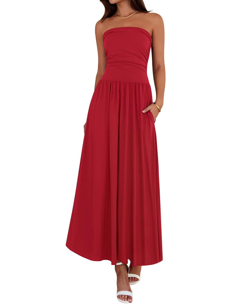 BTFBM Summer Maxi Dresses for Women 2025 Strapless Ruched Tube Top Flowy Beach Vacation Wedding Guest Fall Dress Pockets - 7DAY'S