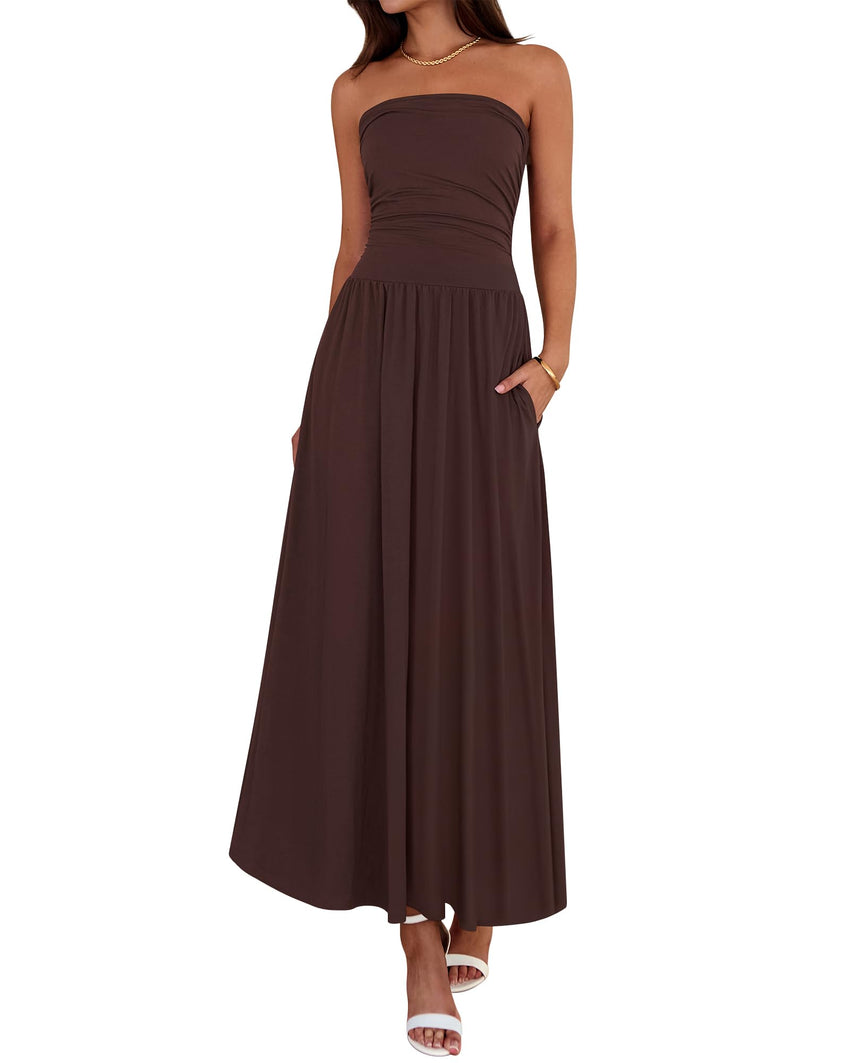 BTFBM Summer Maxi Dresses for Women 2025 Strapless Ruched Tube Top Flowy Beach Vacation Wedding Guest Fall Dress Pockets - 7DAY'S