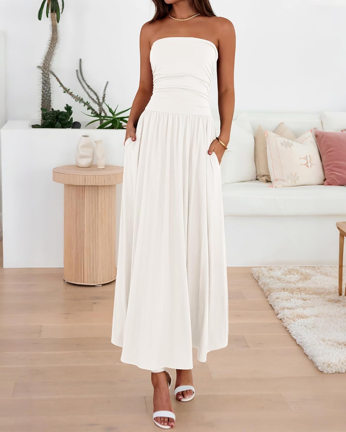 BTFBM Summer Maxi Dresses for Women 2025 Strapless Ruched Tube Top Flowy Beach Vacation Wedding Guest Fall Dress Pockets - 7DAY'S