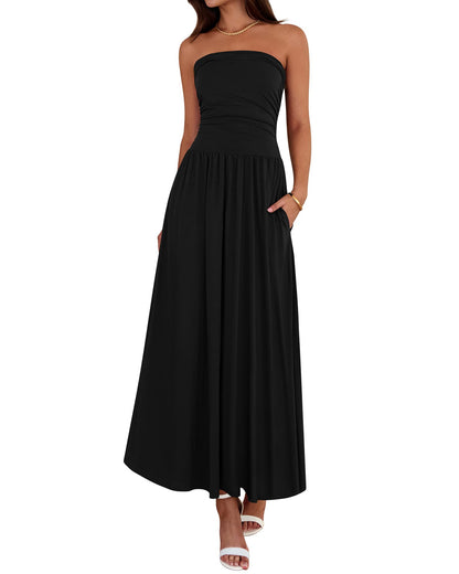 BTFBM Summer Maxi Dresses for Women 2025 Strapless Ruched Tube Top Flowy Beach Vacation Wedding Guest Fall Dress Pockets - 7DAY'S