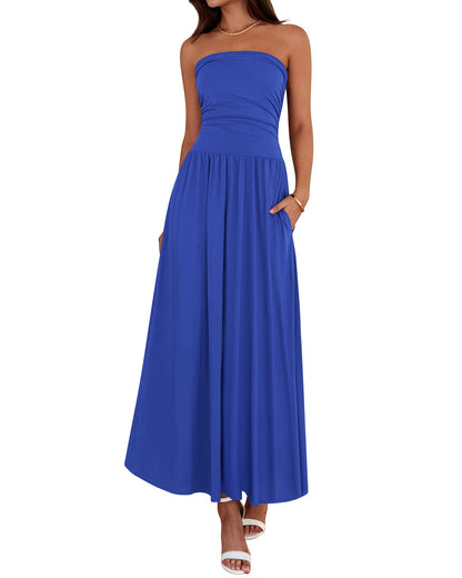 BTFBM Summer Maxi Dresses for Women 2025 Strapless Ruched Tube Top Flowy Beach Vacation Wedding Guest Fall Dress Pockets - 7DAY'S