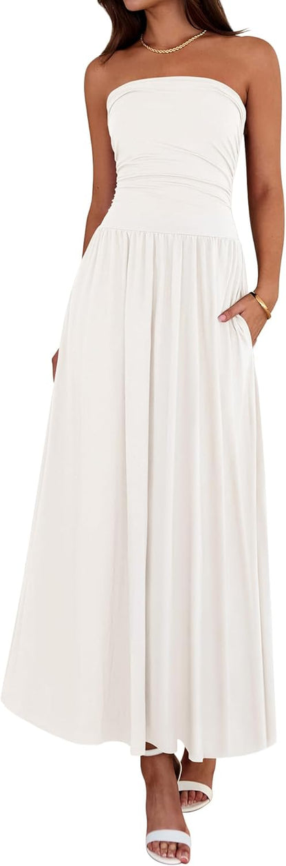 BTFBM Summer Maxi Dresses for Women 2025 Strapless Ruched Tube Top Flowy Beach Vacation Wedding Guest Fall Dress Pockets - 7DAY'S