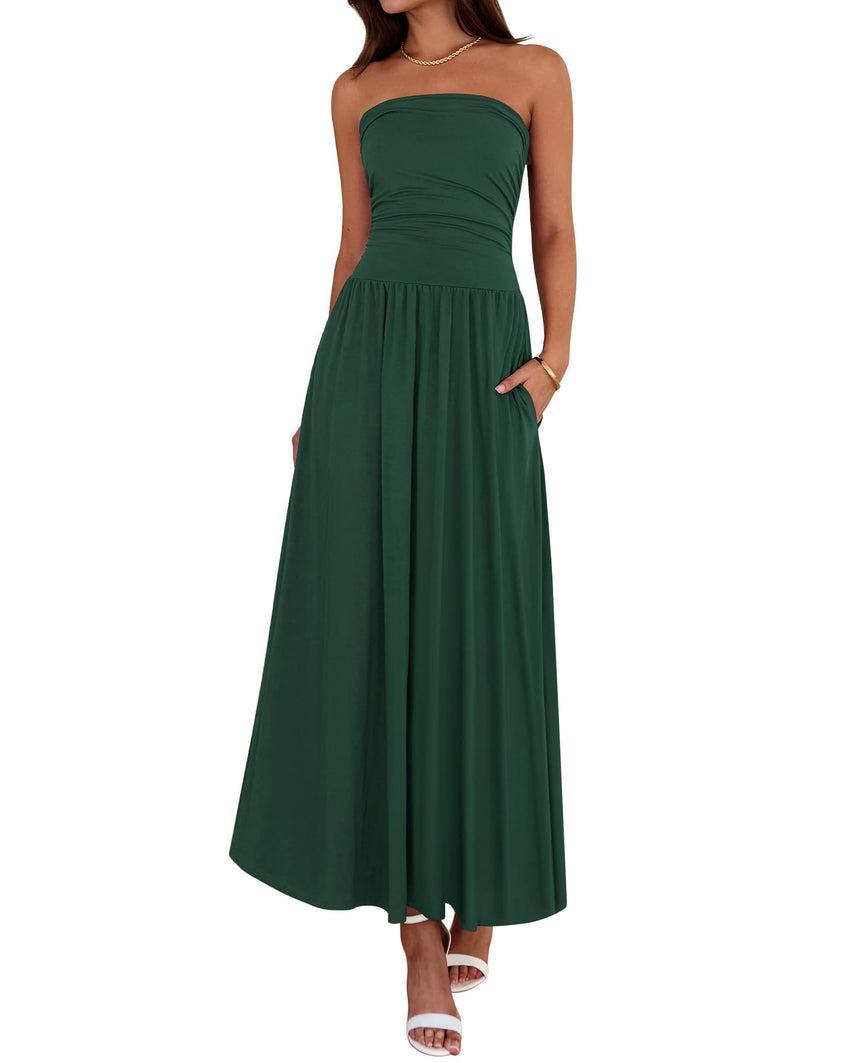 BTFBM Summer Maxi Dresses for Women 2025 Strapless Ruched Tube Top Flowy Beach Vacation Wedding Guest Fall Dress Pockets - 7DAY'S