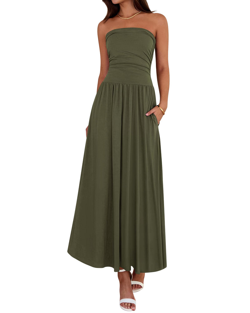 BTFBM Summer Maxi Dresses for Women 2025 Strapless Ruched Tube Top Flowy Beach Vacation Wedding Guest Fall Dress Pockets - 7DAY'S