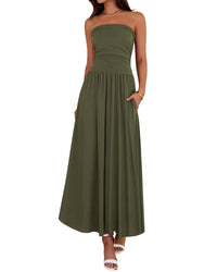 BTFBM Summer Maxi Dresses for Women 2025 Strapless Ruched Tube Top Flowy Beach Vacation Wedding Guest Fall Dress Pockets - 7DAY'S